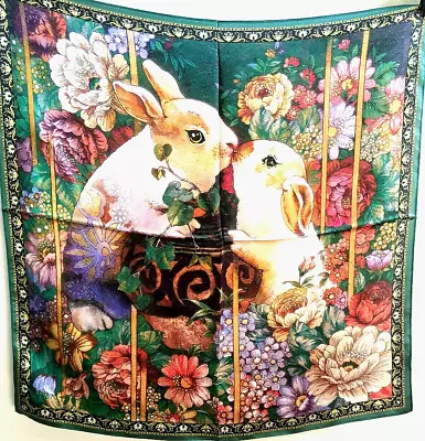 26 X26 Kissing Bunnies Print Pure Mulberry Satin Silk 12momme Shawl Scarf65x65cm • £15.43