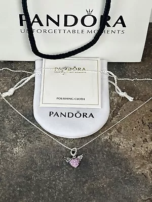 SILVER PINK HEART & ANGEL WINGS WOMENS PANDORA LOVE NECKLACE 50CM With Bag • $31.57
