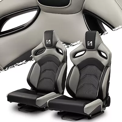 Reclinable PVC Racing Seats Universal Car Seat Black-Grey Full Set W/Sliders • $398.38