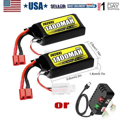 7.4V 2S 1400mAh T-Plug Lipo Battery + USB Charger For RC Car 1/10 1/16 1/18 1/24 • $23.74