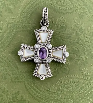 Judith Ripka Sterling Silver MOP Amethyst CZ Maltese Cross Pendant • $75