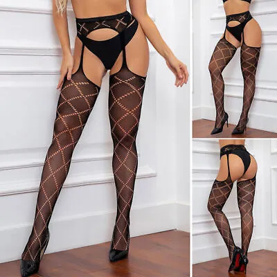$9.87 • Buy Sexy Opaque Diamond Net Open Crotch Suspender Tights Crotchless Garter Stockings