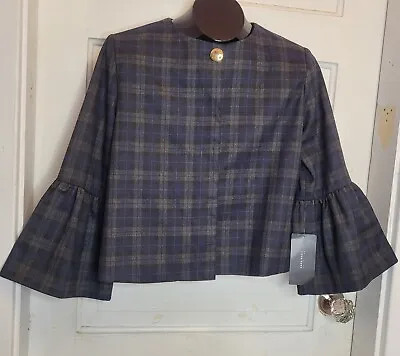 Zara Basic Navy Black Tartan Bell Sleeve Cape Jacket Size Small New Cropped  • $28