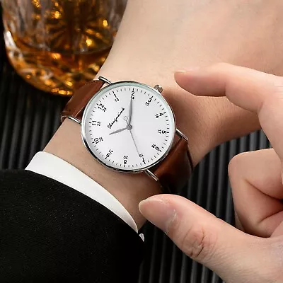 Men's Stainless Steel Quartz Watch With Leather Strap Kids Wristwatch Rubber Band • $4.19