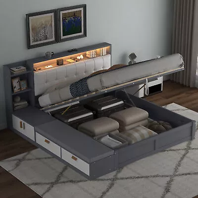 Modern Queen Size Bed Frame With Upholstered Headboard/Storage Shelves /USB Gray • $666.99