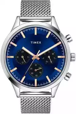 TIMEX Men's Blue Dial Chronograph Silver Bracelet Strap 43mm Case Analog Watch • $74.55