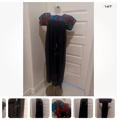 Vintage Mexican Oaxacan Black Cotton & Blue/red Floral Embroidered Peasant Dress • $55