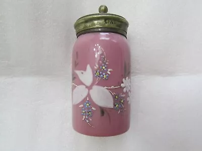 Antique OPAQUE Glass Pink Cinnamon SUGAR SHAKER EPNS  Metal Lid Hand Painted OLD • $39.99