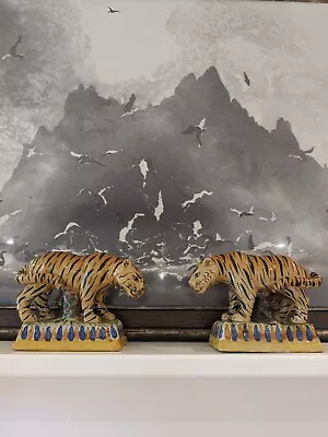 Pair Staffordshire Tigers Pottery Ceramic Mantel Figurines Antique Rare Two • £220