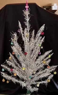 VTG Aluminum Christmas Tree 4’ Taper In Box 43 Ornaments Some Mercury 50-60s • $199.99