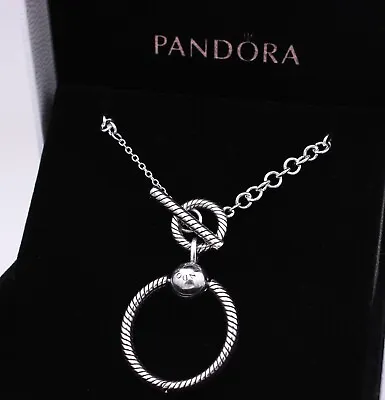New Authentic PANDORA Moments O Pendant T-bar Silver Necklace #391157C00 W/ BOX • $99.20