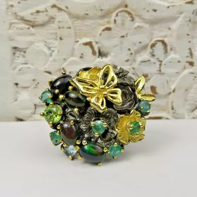 Fabulous Multi Gemstone Dark And Gold Tinted Sterling Silver Statement Ring Sz 8 • $99