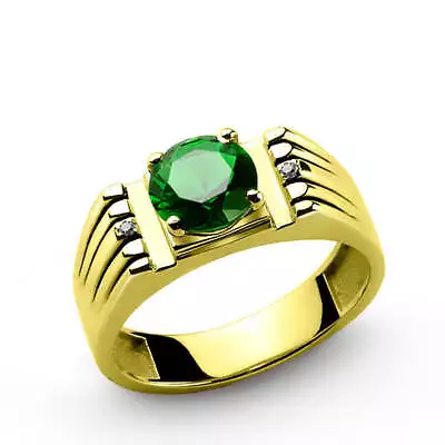 Men's Ring With Green Emerald And Natural Diamonds In 14k Yellow Gold • $865