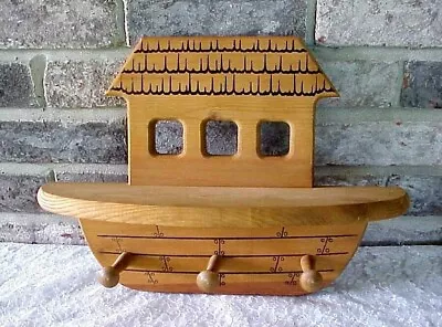 Vintage Wood Wall Shelf Nautical Decor Boat Ark Shape Pegs Cutout Windows 11  T • $15.99