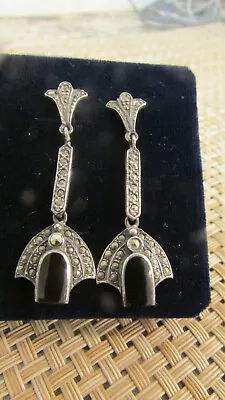 Vintage Sterling Silver 925 Marcasite Onyx Dangle 2  Long Pierced Earrings • $18.75