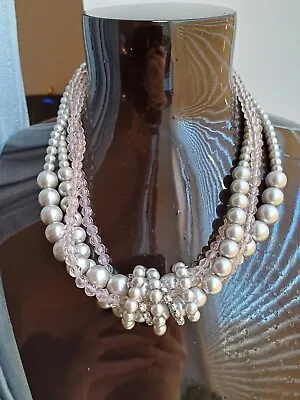 Chunky Silver Imitation Pearl & Crystal Effect Muilti Stranded Beaded Necklace  • £5.99