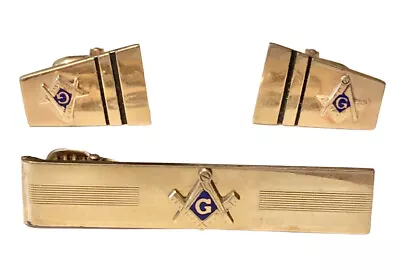 Mason Compass Masonic UNSIGNED Cufflinks & ANSON 12K Gold Filled Tie Clip Set • $68