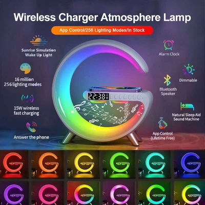 £57.99 • Buy LED Atmosphere Light Wireless Charger Alarm Clock Desk Lamp Bluetooth Audio