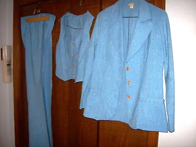 VTG 70s 3 Piece Ladies Blue Tweed Suit Bell Bottom Pants W 26  L 32  USA • $45
