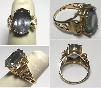 V196 Estate Solid 10K Yellow Gold Mystic Topaz And Crystal 3 Stone Ring Sz 5 • $180.50