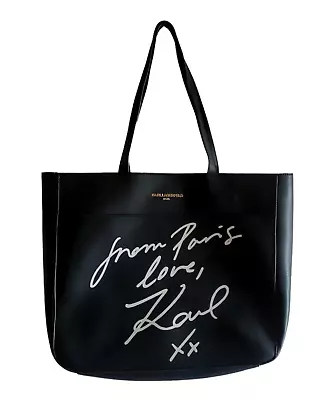 Karl Lagerfeld Love From Paris Tote White Script Black Faux Leather Shoulder Bag • $24.99