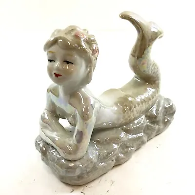 Vintage Lusterware Iridescent Nude Mermaid Ceramic Figurine Reclined 1940's • $59