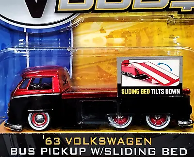 Jada 63 1963 Volkswagen VW Bus Pickup Truck W/Sliding Bed V Dubs Hauler Blk Red • $14.99