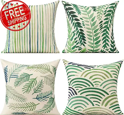 Green Leaf Throw Pillow Covers Cushion Cover18X18Leaves Stripes Wave Feather • $66.19