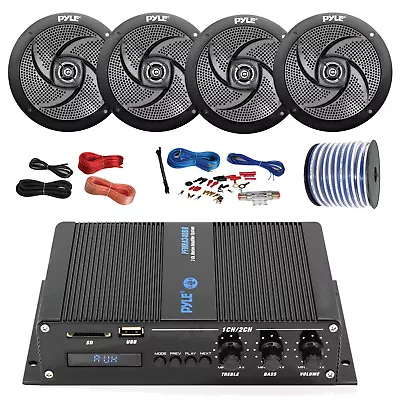 Pyle Marine 4-Channel Bluetooth Amp + Kit 4x 5.25  Black Speakers 50 Ft Wire • $175.49