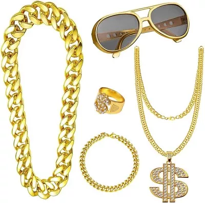 5pcs Hip Hop Costume Kit80s/90s Fancy Dress Accessories For Kids Adult Fake Gold • $18.99