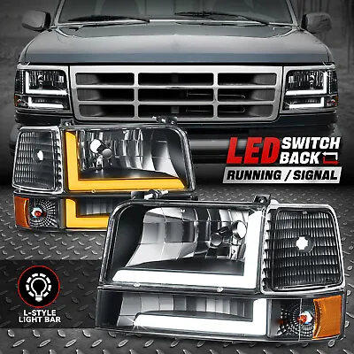 [Switchback L-LED DRL] For 92-96 Ford F150-F350 Bronco Headlights Black/Amber • $142.88