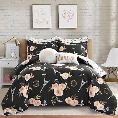 Lush Decor Black Vintage Paris Rose Butterfly 7-Piece Comforter Bed Set Reve... • $155.43