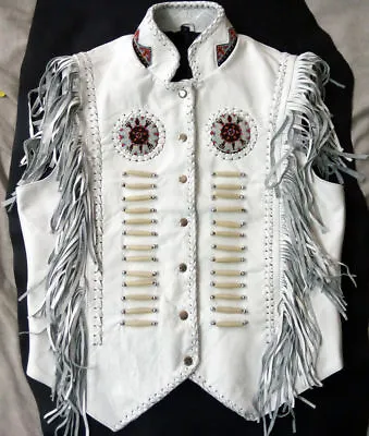 Men Western Wear Cowboy White Soft Cowhide Leather Vest Fringe Beaded Bones NL05 • $79.90