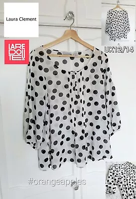 La Redoute LAURA CLEMENT Polka Dot Top Blouse Loose 3/4 Sleeve UK12/14 White New • £12.12