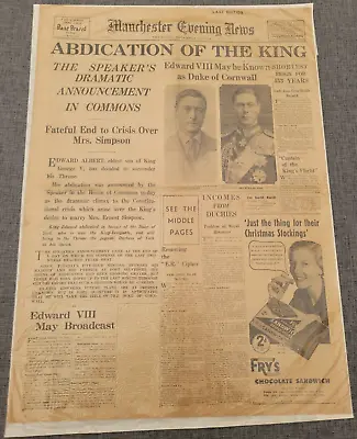 Manchester Evening News Abdication Of King Edward Viii 1oth Dec 1936 Newspaper • £19.99