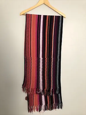 Missoni Scarf Women 75 X 14 Pink Orange Zig Zag Stripe Lana Wool Fringe Italy • $49.99