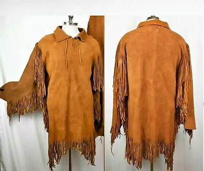 Mens Western Cognac Brown Suede Leather Mountain Man Fringes Shirt MS302 • $106.92