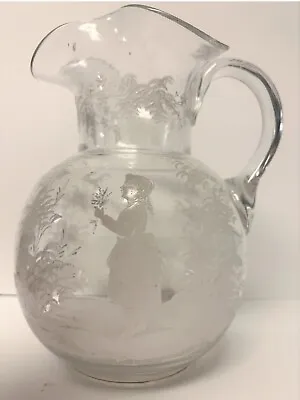 Antique Art Glass Mary Gregory Painted Clear Optic Waved 9  Water Pitcher • $45