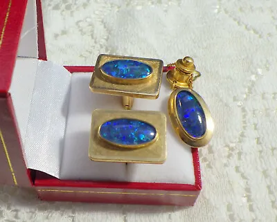 Vintage Cufflinks  & Tie Tack 9ct Yellow Gold W Blue Opals 1  Top  12 Grams • $550