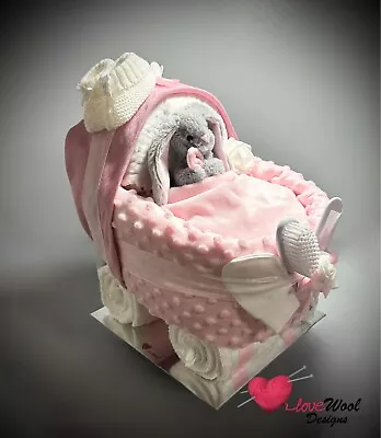 NAPPY CAKE PRAM Luxury Pure Baby Pink Baby Shower Or Maternity Gift. • £54.50