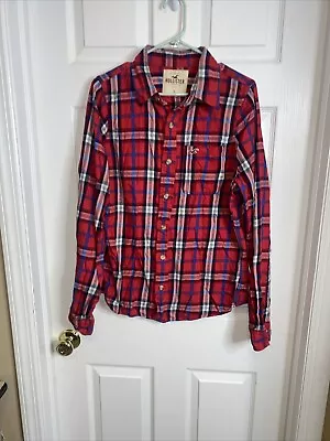 Hollister Mens Flannel Button Shirt Size L Large Red Blue Plaid Long Sleeve 1547 • $11