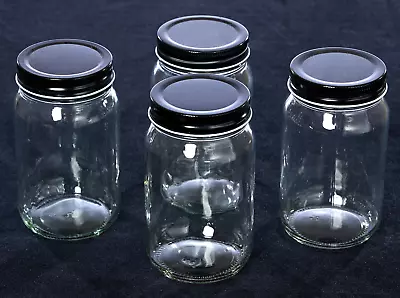 Lot Of 4 Clear Glass Bottles Jars 16 Oz  Black Screw Lid 5.5” H Organize Storage • $9.99