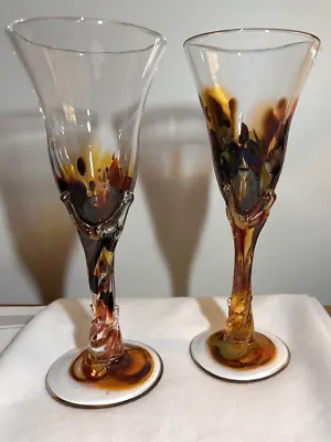 Venetian Murano Style Mid 20th Century Goblets Brown Multi-Colored Hand-Blown • $150