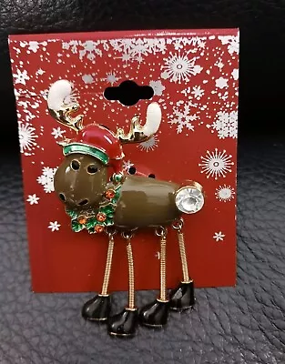 Christmas Moose Enamel Rhinestone Springy Leg NEW Fashion Brooch/pin Gold Tone • $12