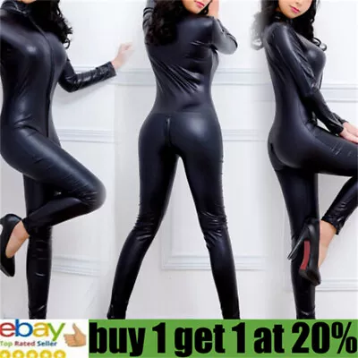 £12.95 • Buy Sexy Ladies Leather Black Catsuit Jumpsuit Clubwear Lingerie Wetlook Bodysuit YW