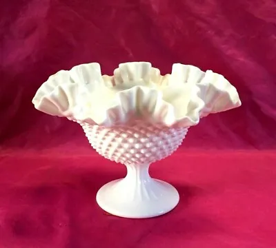 Vintage FENTON Hobnail White Milk Glass Compote Pedestal Dish Ruffle Edge • $11.99