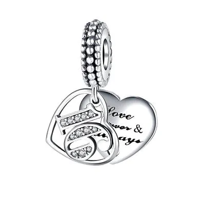 Genuine Sterling Silver 925 16th 16 Sixteen Birthday Love Heart Forever Charm • £14.99