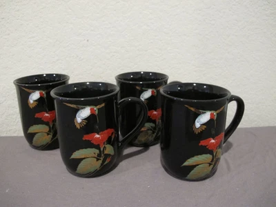 $9.99 • Buy Set (4) Gibson Otagiri Japan Black Hummingbird & Flower Mugs Cups