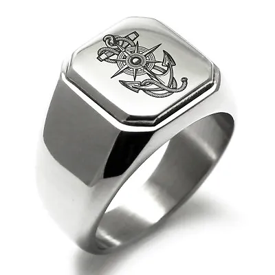 Stainless Steel Nautical Dial & Anchor Mens Square Biker Style Signet Ring • $15