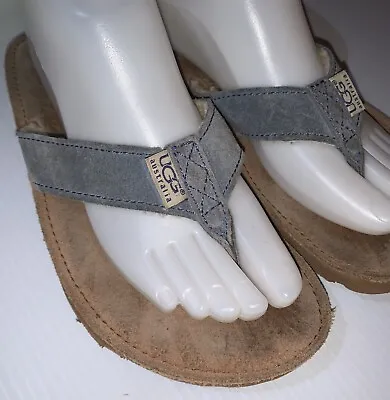 UGG Blue Suede Flip Flops Thong Sherpa Fur Lined Sandals Womens ~ Size 6 • $29.99